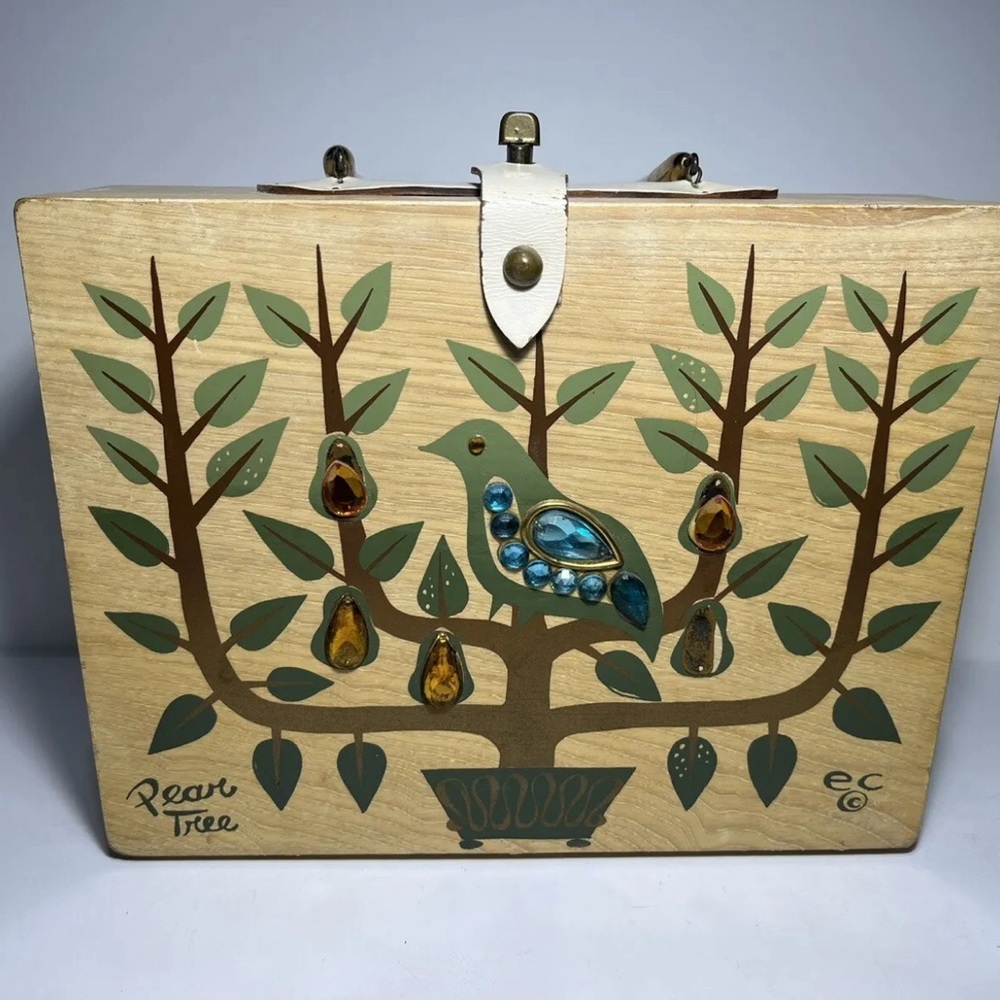 VINTAGE Enid Collins "Pear Tree" Wooden Box Bag 1965
